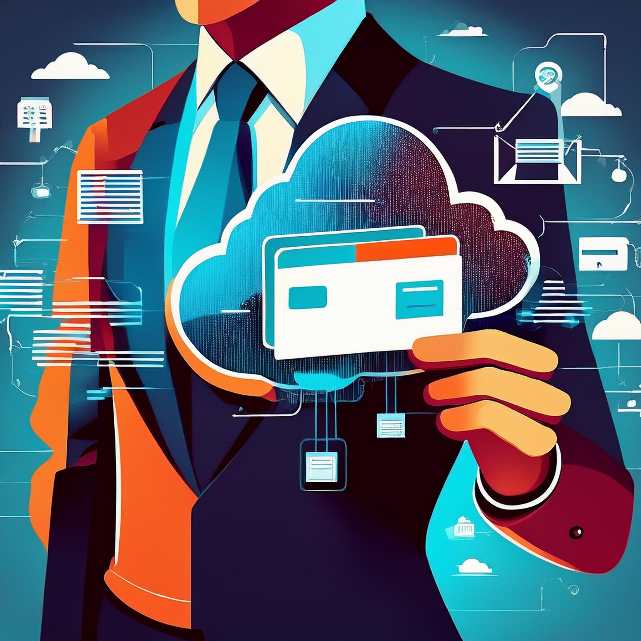 file sharing on cloud, businessman is holding a business card