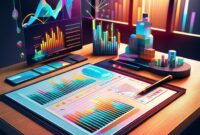 Business Analytics Tools on table; financial graph and diagram analysis