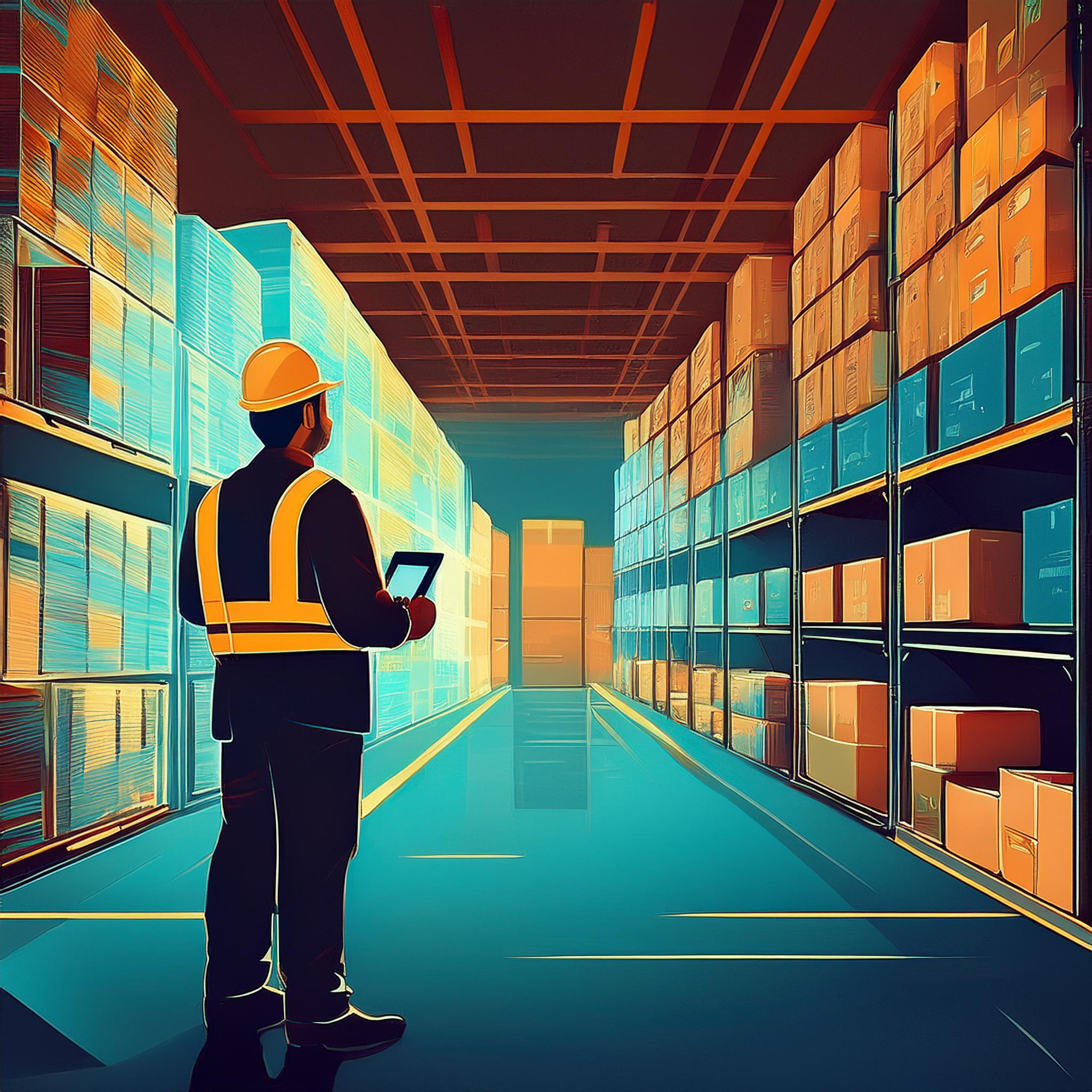 Inventory Software; man working in uniform; cargo shipment and warehouse