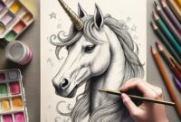 realistic sketching with a brush; hand drawn illustration of unicorn; with hand holding pencil and w