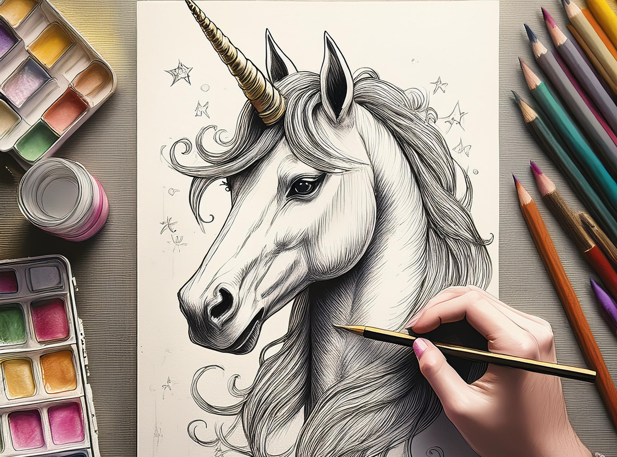 realistic sketching with a brush; hand drawn illustration of unicorn; with hand holding pencil and w